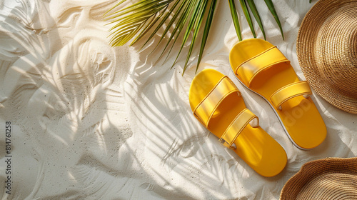 A pair of yellow summer slippers and yellow sunglasses, straw bag and palm tree leaves on white sand on the seaside. Summer set. 