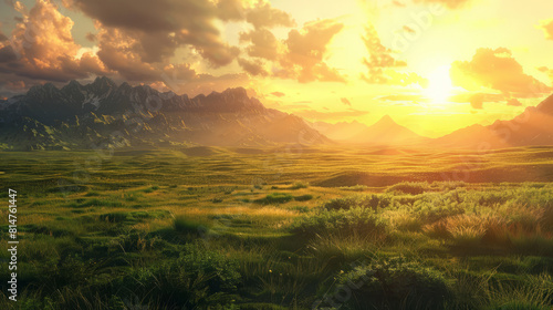 Stunning sunset over lush green valley and rugged mountains