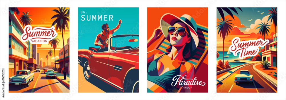 Set of summer postcards in retro style with the image of a beautiful girl on a chaise lounge, a man in an expensive car, a road along the ocean, cityscape. Vector illustration for design of posters