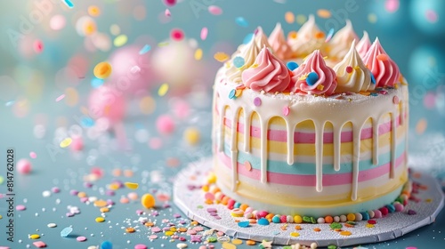 A Charming Small Cake in Pastel Hues  Adorned with Stripes and Confetti