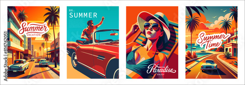 Set of summer postcards in retro style with the image of a beautiful girl on a chaise lounge, a man in an expensive car, a road along the ocean, cityscape. Vector illustration for design of posters