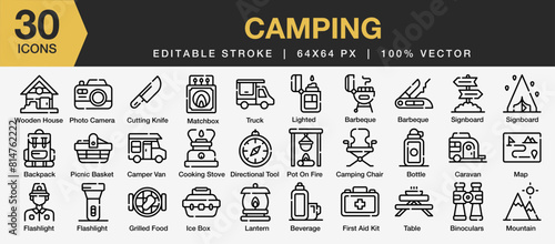 Set of 30 Camping icon sets. Editable Stroke Icon Collection. Includes cutting knife, matchbox, truck, backpack, picnic basket, camper van, and More. Outline icons vector collection.