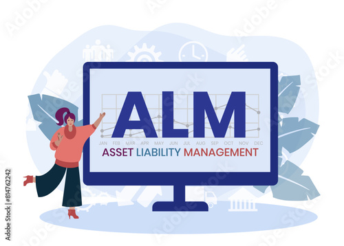 ALM, ASSET LIABILITY MANAGEMENT. Concept with keyword and icons. Flat vector illustration. Isolated on white.
