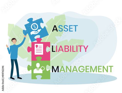 ALM, ASSET LIABILITY MANAGEMENT. Concept with keyword and icons. Flat vector illustration. Isolated on white.