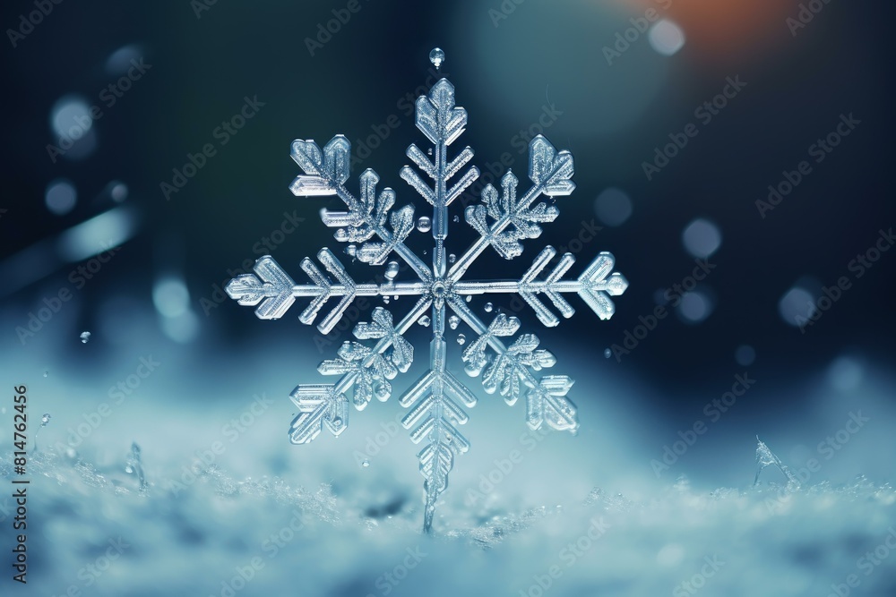 Close-up of a detailed snowflake crystal against a soft, blue winter backdrop Close-up of a detailed snowflake crystal against a soft, blue winter backdrop