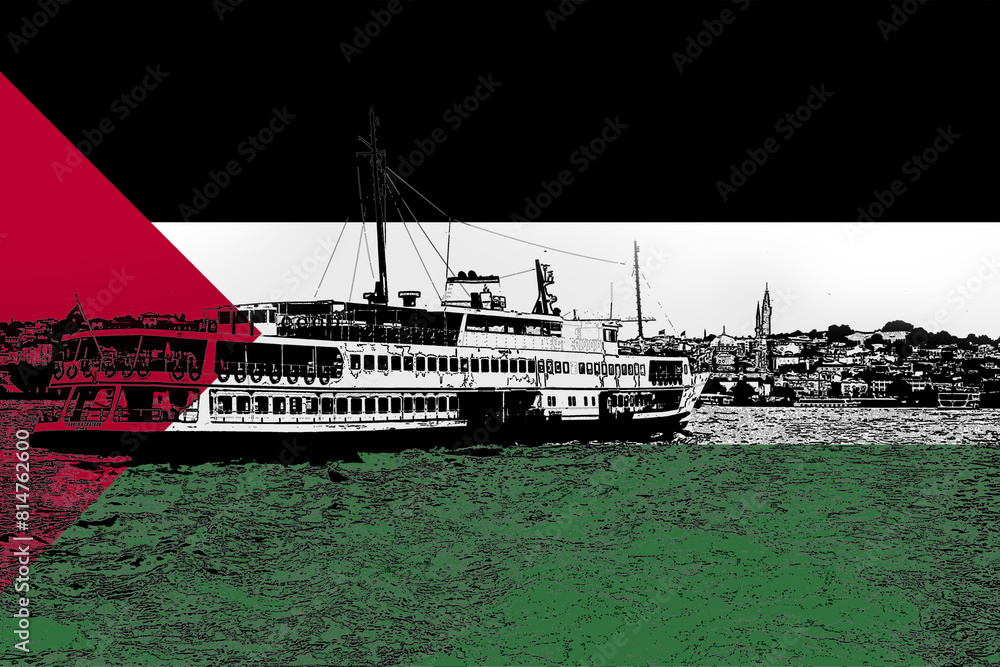 Fototapeta premium Palestine flag with Istanbul city, Bosphorus view, Turkish culture and language, vacation in 