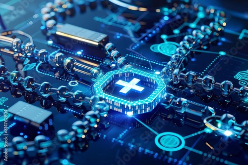 A symbolic representation of blockchain as a shield protecting a hospital computer system from cyber threats