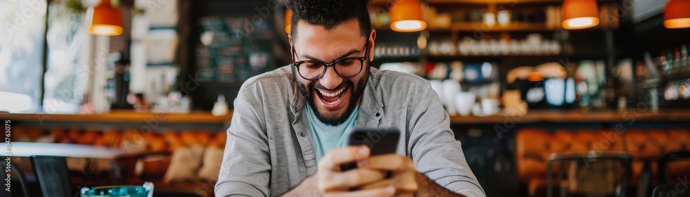 A tech enthusiast at a cafe, excitedly preordering a newly announced gadget on his smartphone A tech enthusiast at a cafe, excitedly preordering a newly announced gadget on his smartphone