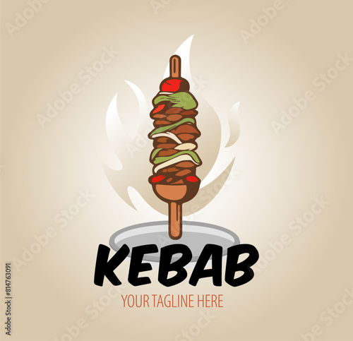 Creative Doner kebab logo element. Shawarma emblem. Turkish fast food restaurant, barbecue cafe or grill bar symbol of skewer or rotating spit with grilled meat.