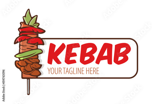 Creative Doner kebab logo element. Shawarma emblem. Turkish fast food restaurant, barbecue cafe or grill bar symbol of skewer or rotating spit with grilled meat.