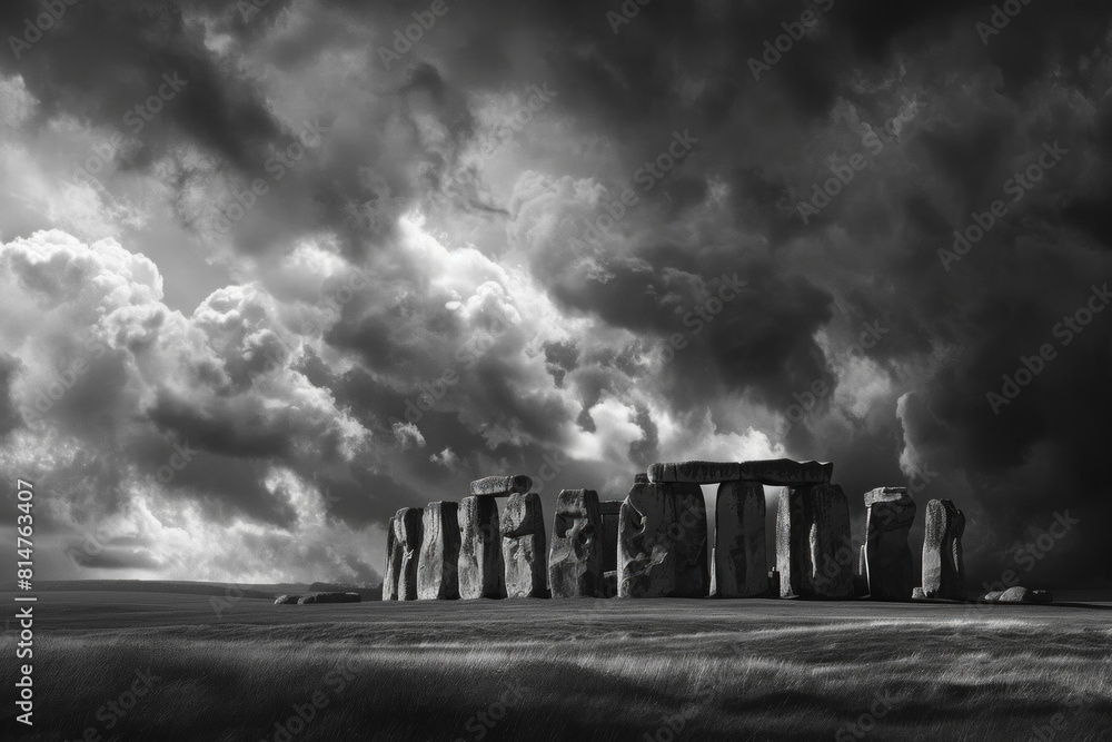 An enigmatic view of the Stonehenge monument standing stoically amidst the vast Salisbury Plain, with towering ancient stones silhouetted against a dramatic sky filled with clouds. An enigmatic view of the Stonehenge monument standing stoically amidst the vast Salisbury Plain, with towering ancient stones silhouetted against a dramatic sky filled with clouds.
