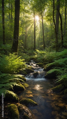 Sunlight pierces dense foliage of serene forest, casting ethereal beams that illuminate tranquil stream flowing over smooth rocks. Lush greenery, consisting of tall trees, vibrant ferns.