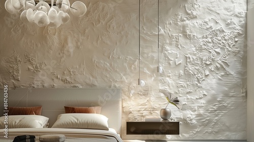 A luxury bedroom with a textured silk wallpaper and a modern, glass chandelier photo