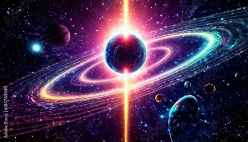 Abstract cosmic journey background with spacecraft and celestial phenomena.