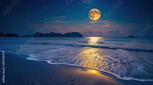 The full moon rises over a calm sea. The waves are gently lapping at the shore. The sky is clear and the stars are twinkling. It is a beautiful and peaceful scene.
