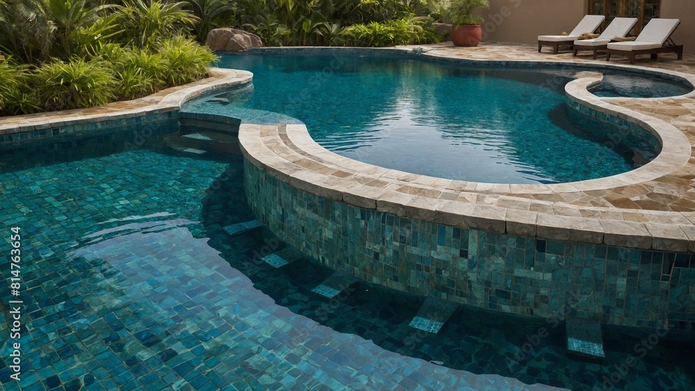 Luxurious swimming pool, adorned with mosaic tiles, reflects serene environment of well-manicured garden. Pools unique shape, crystal clear water invite relaxation. Sun loungers await nearby.