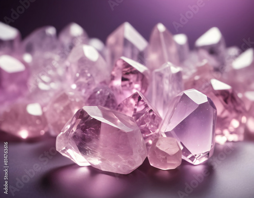 Transparent pink crystals close-up on lilac background