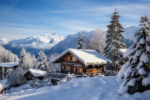 Cozy mountain cabin nestled among snow-covered trees with a panoramic view of alpine peaks © juliars