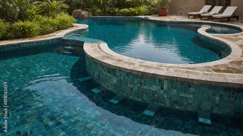 Luxurious swimming pool  adorned with mosaic tiles  reflects serene environment of well-manicured garden. Pools unique shape  crystal clear water invite relaxation. Sun loungers await nearby.