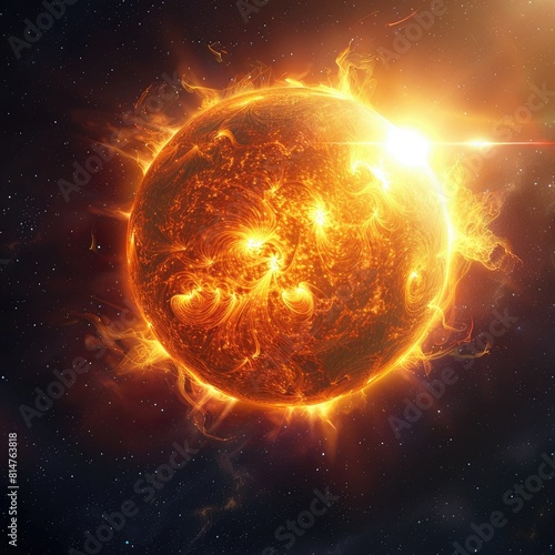 The image shows a detailed view of the surface of the sun. It is a massive  glowing sphere of hot plasma that radiates light and heat.