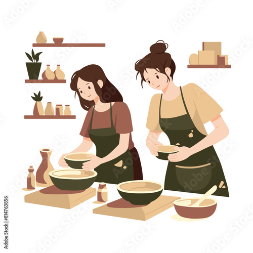 People making pottery, ceramics art lesson. Education, favorite hobby. World Art Day. Vector illustration isolated on white.