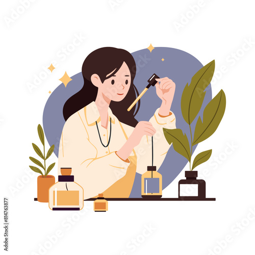 Scientist or pharmacist invents formula of cosmetics. Vector illustration isolated on white. Young smiling woman in lab creating perfume. Perfumer concept.