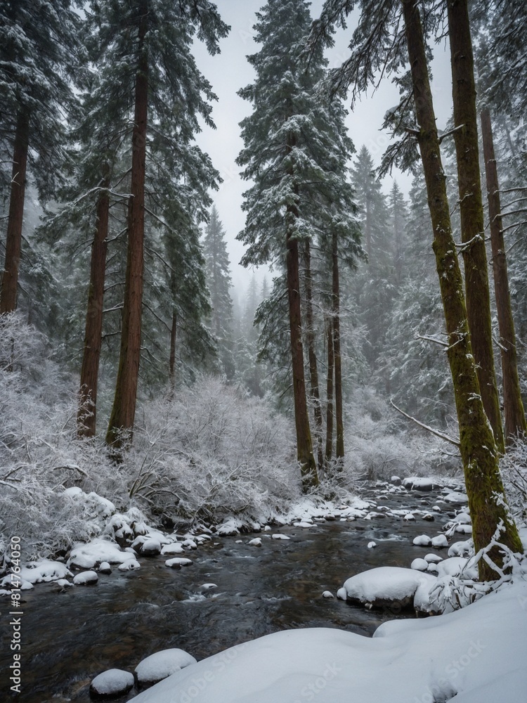 Fototapeta premium Serene winter scene unfolds with snow blanketing ground, clinging to branches of towering conifers flanking meandering stream. Overcast sky casts soft, diffused light over tranquil forest.