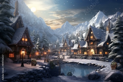 Snow-covered village with warm glowing lights under a starry sky, nestled among mountains © juliars
