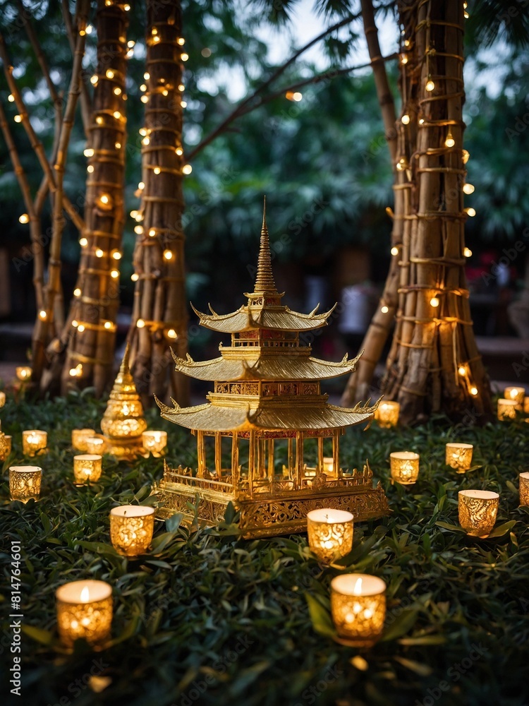 Fototapeta premium Intricately designed golden pagoda stands as centerpiece, surrounded by lit candles, fairy lights wrapped around trees. Warm glow from lights contrasts with evenings ambient darkness, creating serene.