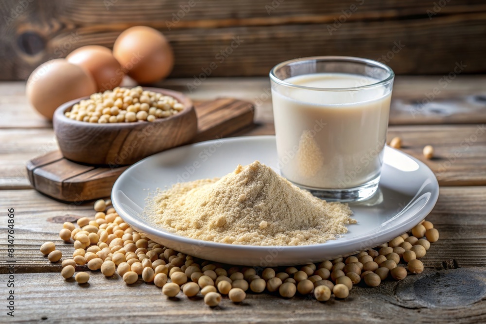 Instant soy milk powder in white plate,Alternative milk,healthy concept