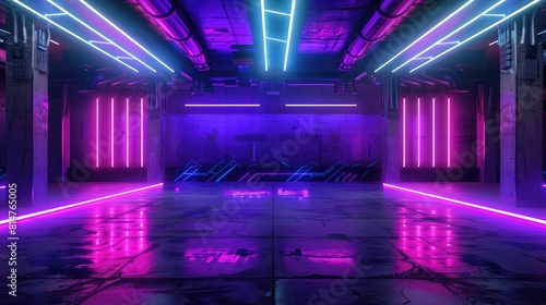 3D abstract background with neon lights. neon tunnel.space construction Futuristic corridor with glowing neon lights. 3D Rendering 