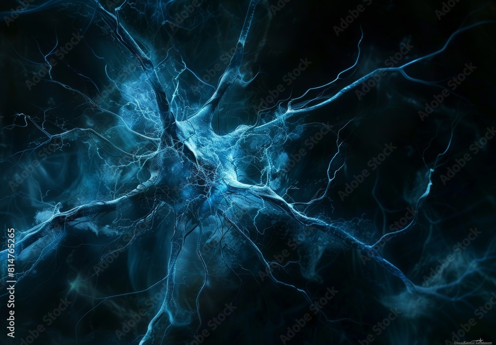An abstract explosion of blue neuron-like structures on a black background An abstract explosion of blue neuron-like structures on a black background