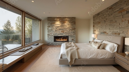 A minimalist bedroom with a stone accent wall and a built-in fireplace