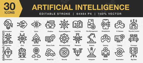 Set of 30 Artificial Intelligence icon sets. Editable Stroke Icon Collection. Includes innovation, brain, vision, chat box, super intelligence, algorithm, and More. Outline icons vector collection.