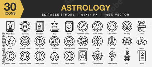 Set of 30 Astrology icon sets. Editable Stroke Icon Collection. Includes card, book, zodiac, ritual, and More. Outline icons vector collection.