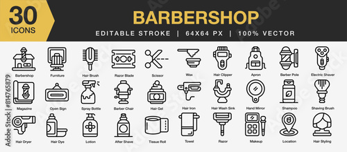Set of 30 Barbershop icon sets. Editable Stroke Icon Collection. Includes spray bottle, apron, shaver, hair iron, mirror, towel, razor, and More. Outline icons vector collection.