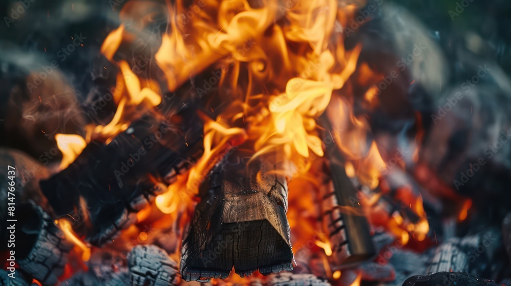 Close-up image capturing the fierce and vibrant flames as they consume the textured wooden logs, highlighting the essence of fire Close-up image capturing the fierce and vibrant flames as they consume the textured wooden logs, highlighting the essence of fire
