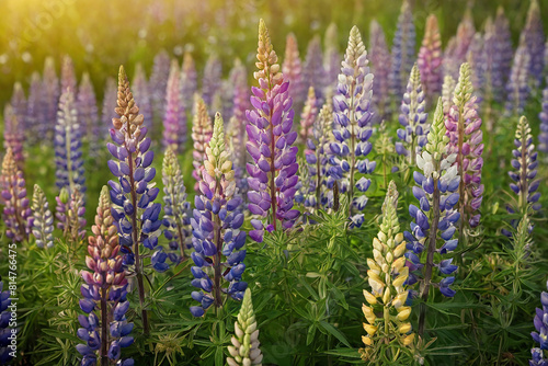 Colorful lupine flowers blooming in the field at sunset