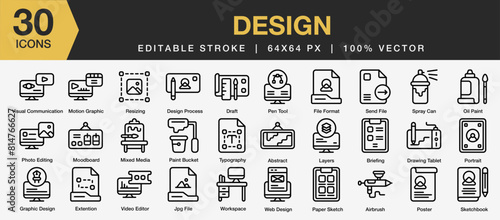 Set of 30 Graphic Design icon sets. Editable Stroke Icon Collection. Includes visual communication, motion graphic, resizing, design process, and More. Outline icons vector collection.