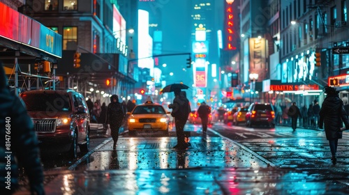People walking with umbrellas on a vibrant, rainy city street at night amidst glowing neon signs and city lights © Matthew