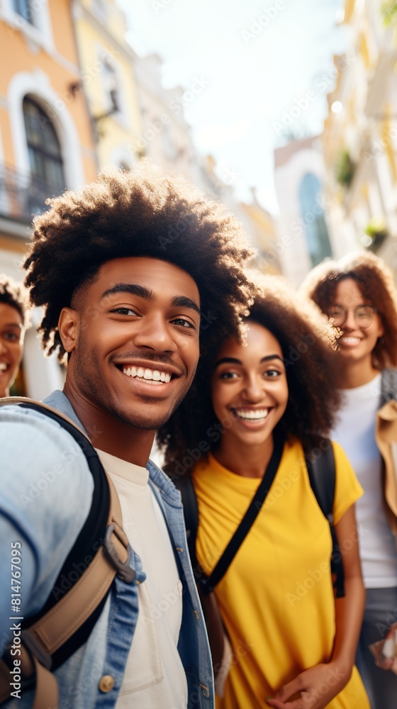 A group of young friends from diverse cultural backgrounds taking a selfie in front of famous landmarks during travels, capturing the excitement and camaraderie of exploring new destinations together