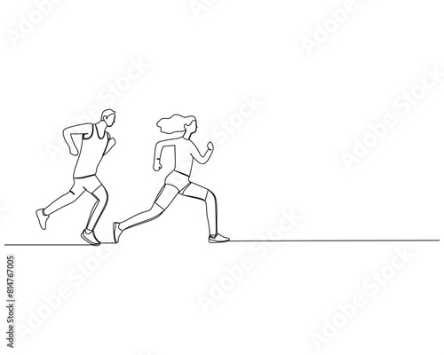 Continuous single line drawing of side view of a male runner running a race with a woman in front of him. Healthy sport training concept. Design vector illustration