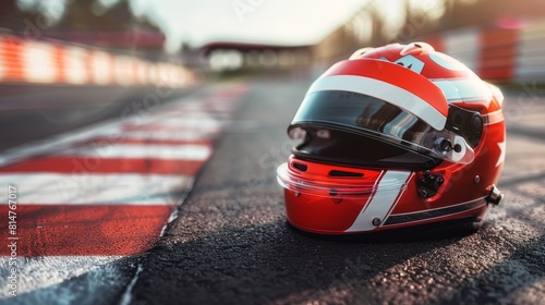 A motor racing helmet on a track Banner of Formula 1 race Sport concept