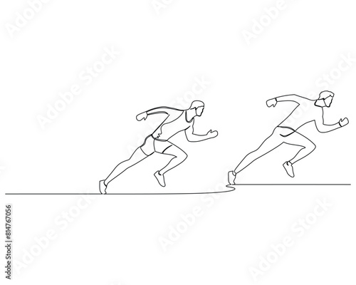 Continuous single line drawing of side view of two men chase each other in a running race. Healthy sport training concept. Design vector illustration