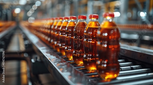 Process pasteurization of bottles on conveyor machinery of brewery. Germ removal and glass cleaning before bottling beer drink.