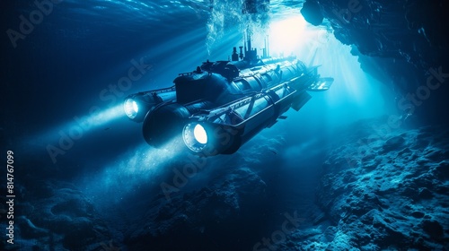 A powerful image of a deepsea exploration submarine, highlighting the mysteries and exploration of the ocean depths