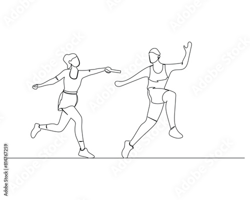 Continuous single line drawing of The female runner will hand over the baton to her male teammate. Healthy sport training concept. Competition event Design vector illustration