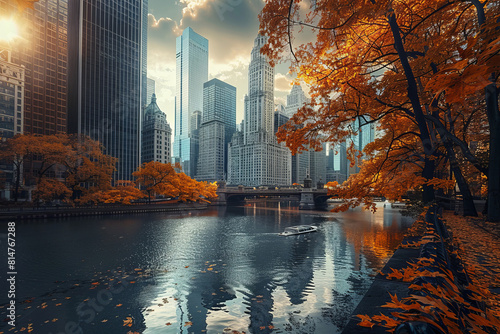 Autumn in the city with golden trees and modern skyscrapers