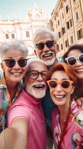 A group of mature friends from diverse cultural backgrounds taking a selfie in front of famous landmarks during travels, capturing the excitement and camaraderie of exploring new destinations together photo