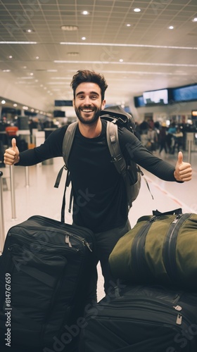 Portrait of a young man posing for a selfie at an airport, luggage in tow, as he embarks on a journey to explore a foreign country, highlighting the anticipation and joy of travel destinations photo